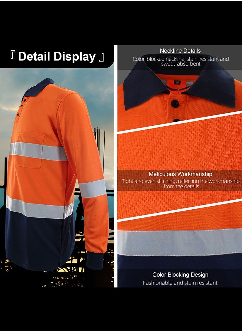 Zuolaya - Safety Workwear Long Sleeve Quick Drying Reflective Polo Shirts High Vis Work T Shirts Orange/Black - Image 1