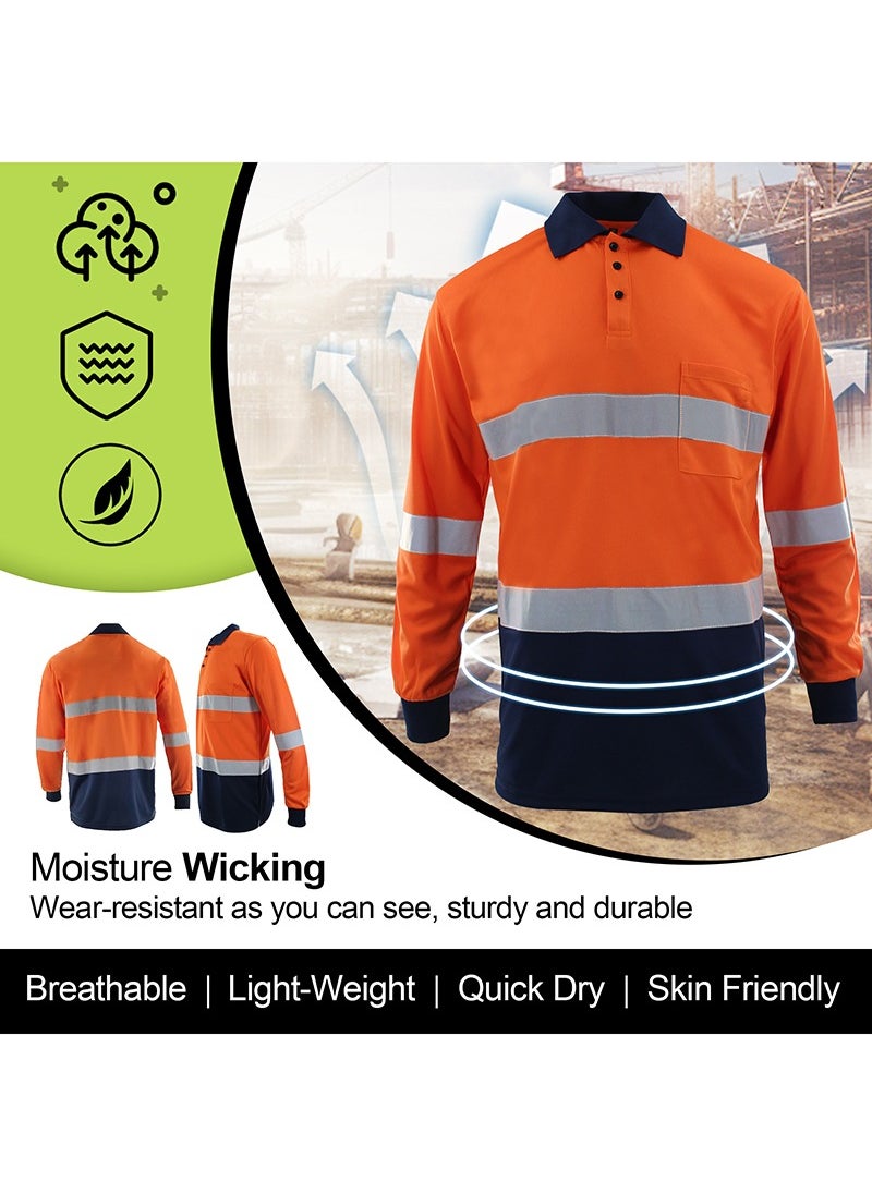 Zuolaya - Safety Workwear Long Sleeve Quick Drying Reflective Polo Shirts High Vis Work T Shirts Orange/Black - Image 1