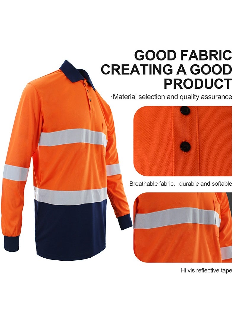 Zuolaya - Safety Workwear Long Sleeve Quick Drying Reflective Polo Shirts High Vis Work T Shirts Orange/Black - Image 1