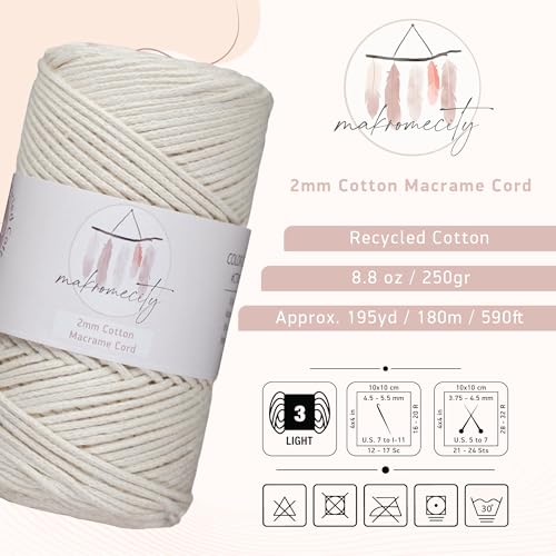 Makromecity, Cotton Macrame Cord 2mm x 195 Yards (590 feet) 2mm Recycled Cotton Crochet Yarn for Macrame Art & Crafts for Wall Hangings, Bags, Underplate, Rug (25 Colors Available) (Ecru) - Image 2