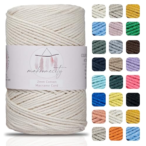 Makromecity, Cotton Macrame Cord 2mm x 195 Yards (590 feet) 2mm Recycled Cotton Crochet Yarn for Macrame Art & Crafts for Wall Hangings, Bags, Underplate, Rug (25 Colors Available) (Ecru) - Image 1
