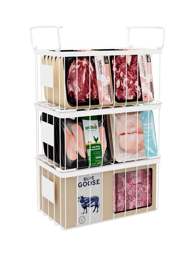 lonpute 3 Pack Stackable Wire Storage Baskets With Tag, Freezer Organizer Bins for Most 7 Cu.FT Freezer Sort Frozen Meats, Deep Freezer Organizer Bins with Handle Add Space Easy Reach, White - Image 1
