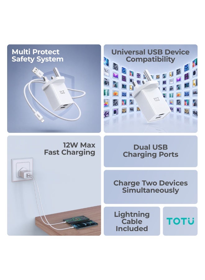 TOTU 12W Dual USB Wall Charger with Type-C Cable | 2.4A Fast Charging UK 3-Pin Travel Adapter for Smartphones & TWS – White - Image 2