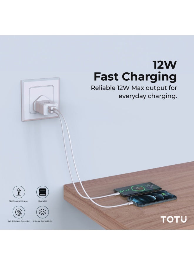 TOTU 12W Dual USB Wall Charger with Type-C Cable | 2.4A Fast Charging UK 3-Pin Travel Adapter for Smartphones & TWS – White - Image 3