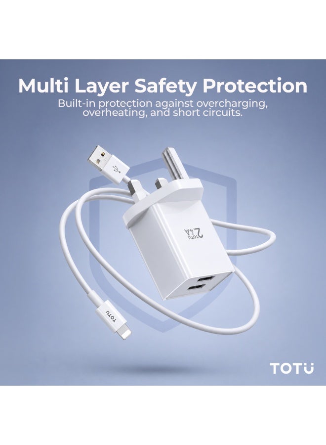 TOTU 12W Dual USB Wall Charger with Type-C Cable | 2.4A Fast Charging UK 3-Pin Travel Adapter for Smartphones & TWS – White - Image 4