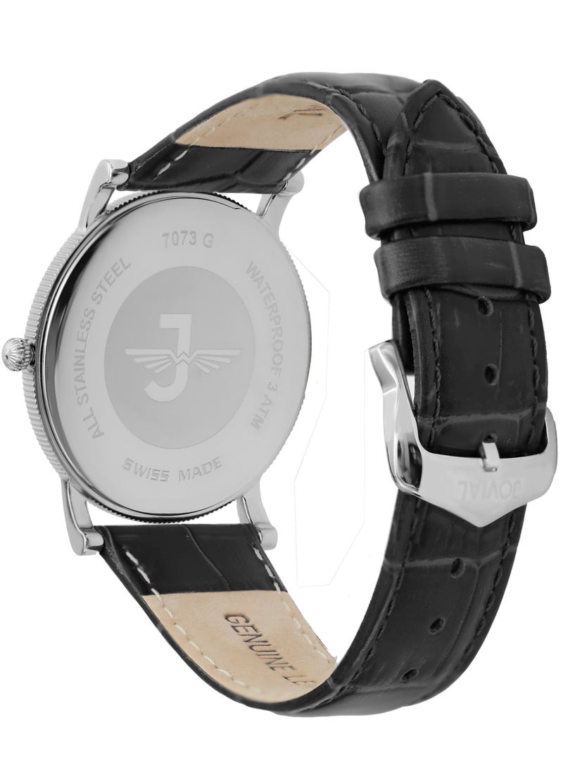 Jovial JOVIAL 7073GSLQ11  Men's Leather Strap Analogue Watch, 40mm, White Dial  - Image 3