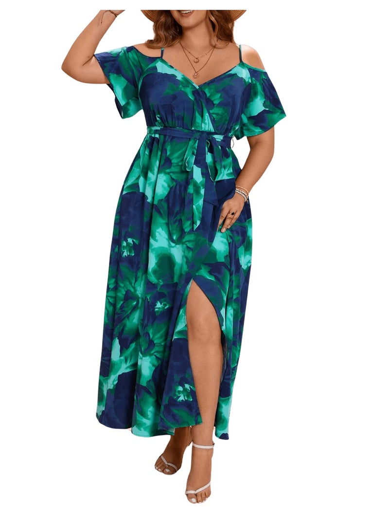 Floerns Women's Plus Size Cold Shoulder Short Sleeve Split Thigh Long Dress Blue and Green - Image 5