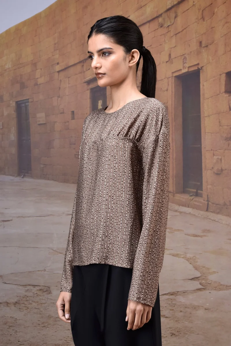 Genes Lecoanet Hemant  Textured Warm Beige Yoke-Gather Top for Women | Best Price UAE