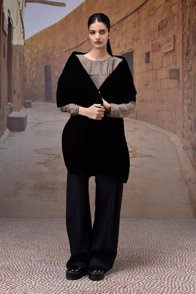 Genes Lecoanet Hemant  Textured Warm Beige Yoke-Gather Top for Women | Best Price UAE