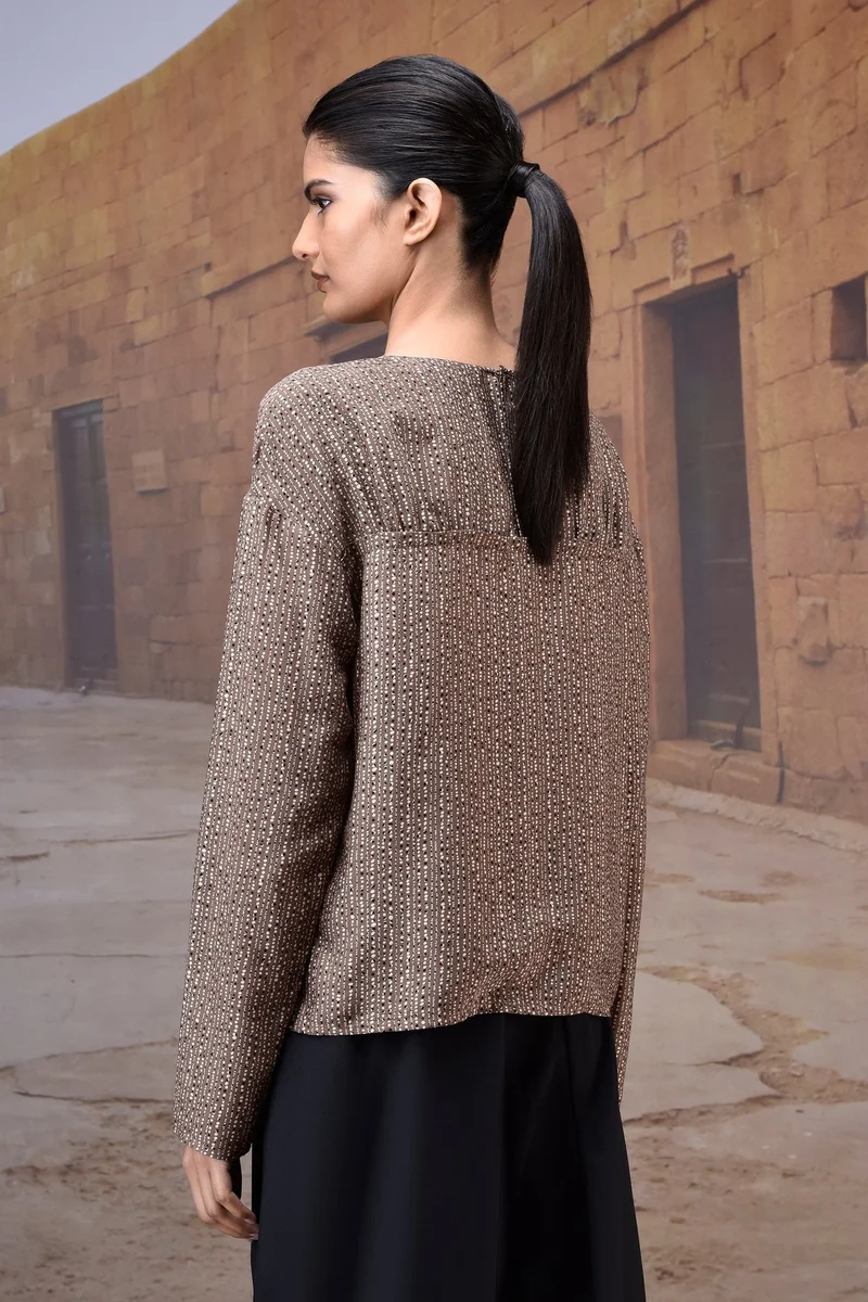 Genes Lecoanet Hemant  Textured Warm Beige Yoke-Gather Top for Women | Best Price UAE
