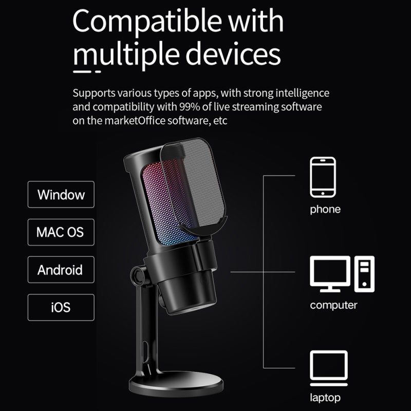 ميكروفون ألعاب RGB: ميكروف مكثف قلبي أبيض - جودة صوت ممتازة 192 كيلو هرتز/48 بت، إضاءة RGB ديناميكية، كتم الصوت بنقرة واحدة، تحكم الكسب، قاعدة ركلية، توصيل واستخدام سريع للألعاب، البث المباشر، بودكاست

注：原文最后“Podcas”应为“Podcast”，翻译时按正确拼写处理为“بودكاست” - Image 3