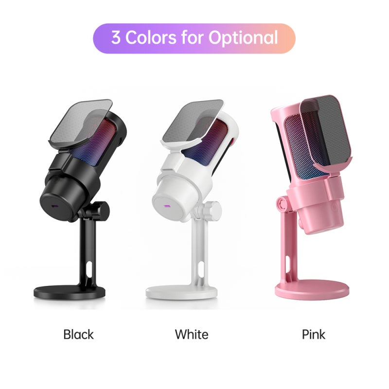 ميكروفون ألعاب RGB: ميكروف مكثف قلبي أبيض - جودة صوت ممتازة 192 كيلو هرتز/48 بت، إضاءة RGB ديناميكية، كتم الصوت بنقرة واحدة، تحكم الكسب، قاعدة ركلية، توصيل واستخدام سريع للألعاب، البث المباشر، بودكاست

注：原文最后“Podcas”应为“Podcast”，翻译时按正确拼写处理为“بودكاست” - Image 4