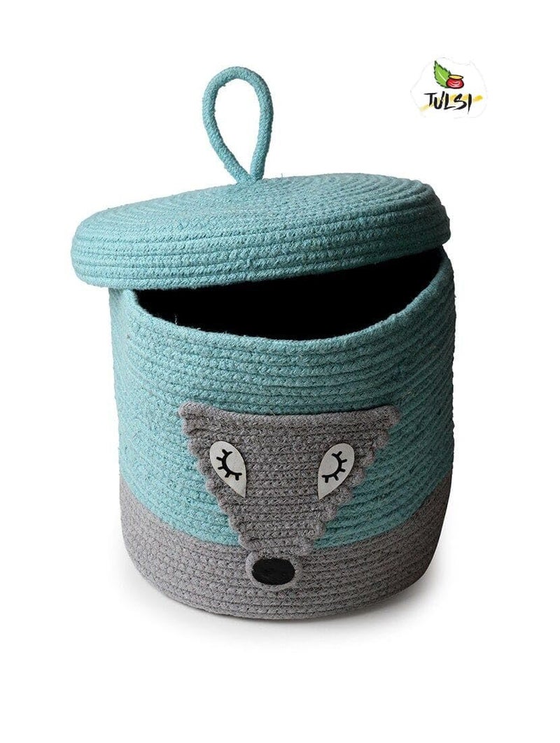 Rosslyn Kids Lid Basket with Beautiful Characters - Rope Storage Basket for Baby Diaper, Stuffed Animal Storage Bin Rope Basket for Kids Toy, Baby Laundry Baskets with lid - Blue Foxx - Image 2