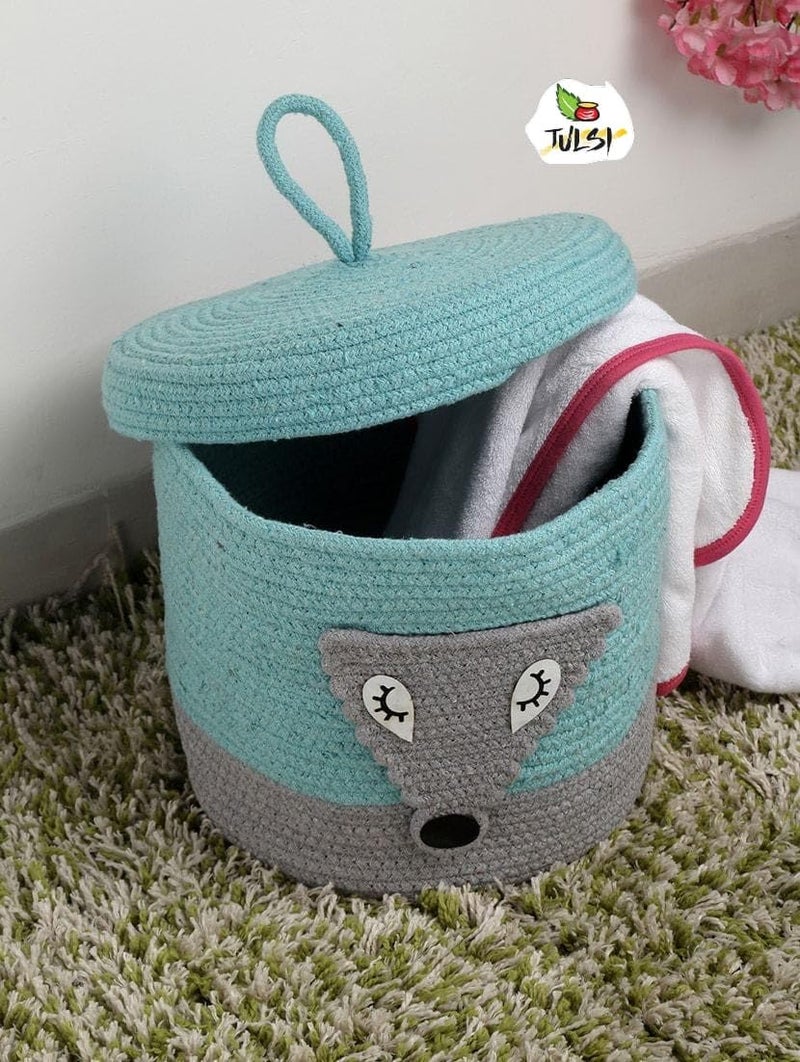 Rosslyn Kids Lid Basket with Beautiful Characters - Rope Storage Basket for Baby Diaper, Stuffed Animal Storage Bin Rope Basket for Kids Toy, Baby Laundry Baskets with lid - Blue Foxx - Image 1