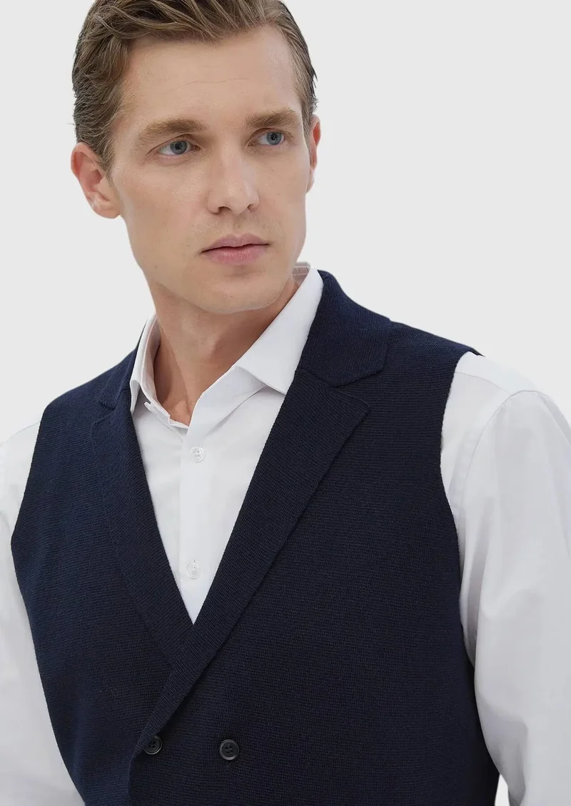 RAMSEY Navy Blue Regular Fit Butterfly Collar Casual Knitting Knit Vest