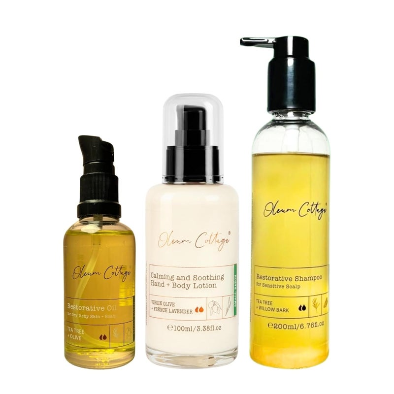 Oleum Cottage Bundle Pack for Dry Itchy Scalp Dandruff 100 Plant Based Ingredients Contains Restorative Oil Anti Itch Lotion Flake Reducing Shampoo - Image 1