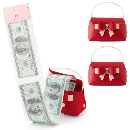 Vane Oak 2 Pcs Money Pull Box for Cash, Leather Surprise Money Boxes Colorblock Bowknot Mini Handbag with 30 Pcs Transparent Bags for Birthday Party Christmas (Wine Red) - Image 1