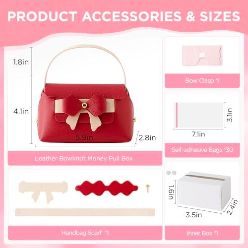 Vane Oak 2 Pcs Money Pull Box for Cash, Leather Surprise Money Boxes Colorblock Bowknot Mini Handbag with 30 Pcs Transparent Bags for Birthday Party Christmas (Wine Red) - Image 3