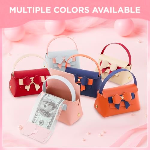 Vane Oak 2 Pcs Money Pull Box for Cash, Leather Surprise Money Boxes Colorblock Bowknot Mini Handbag with 30 Pcs Transparent Bags for Birthday Party Christmas (Wine Red) - Image 4