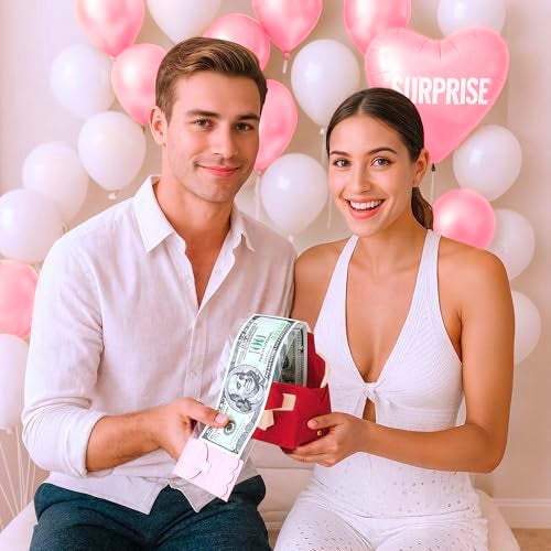 Vane Oak 2 Pcs Money Pull Box for Cash, Leather Surprise Money Boxes Colorblock Bowknot Mini Handbag with 30 Pcs Transparent Bags for Birthday Party Christmas (Wine Red) - Image 2