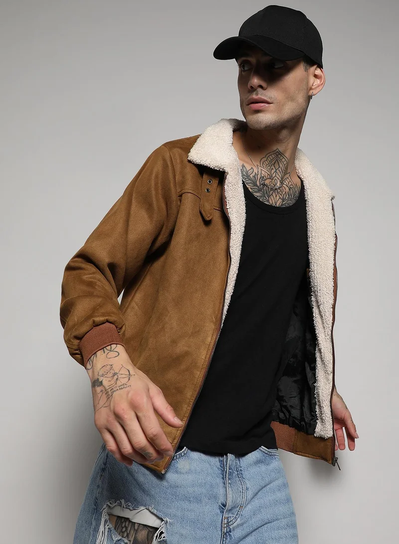 Campus Sutra Men's Brown Zip-Front Jacket With Fleece Detail