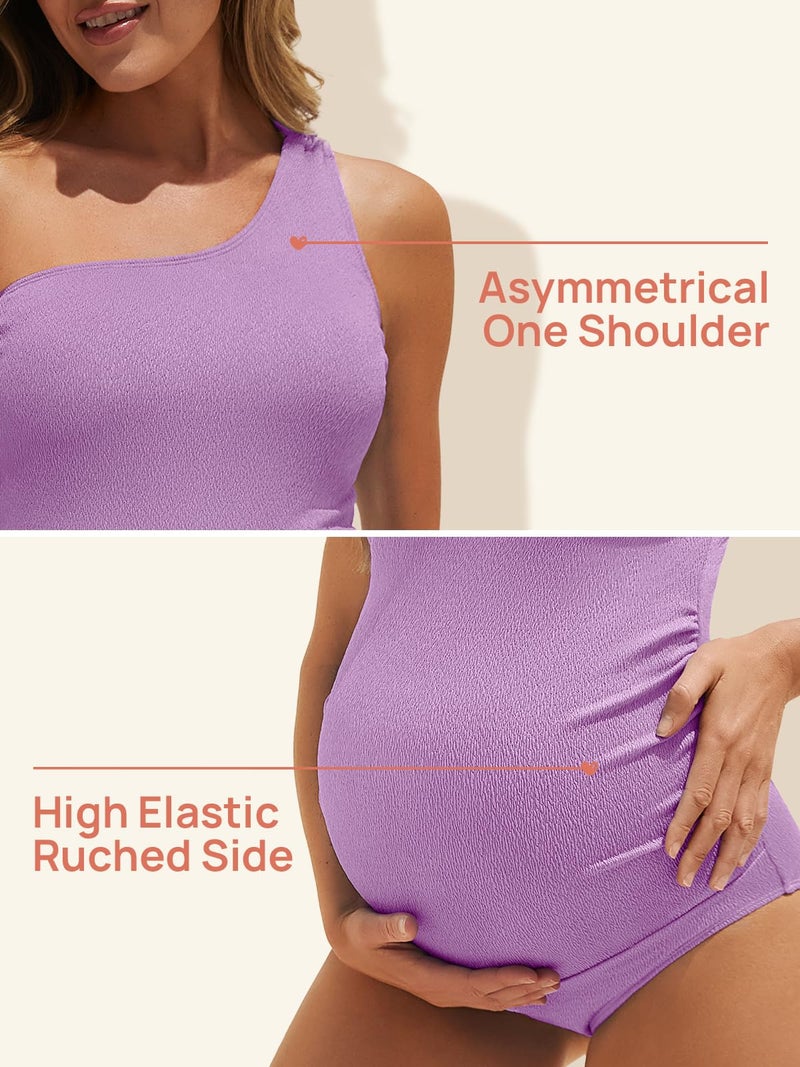 Summer Mae Maternity Swimsuit One Piece One Shoulder Ribbed Pregnancy Bathing Suit Violet X-Large - Image 4