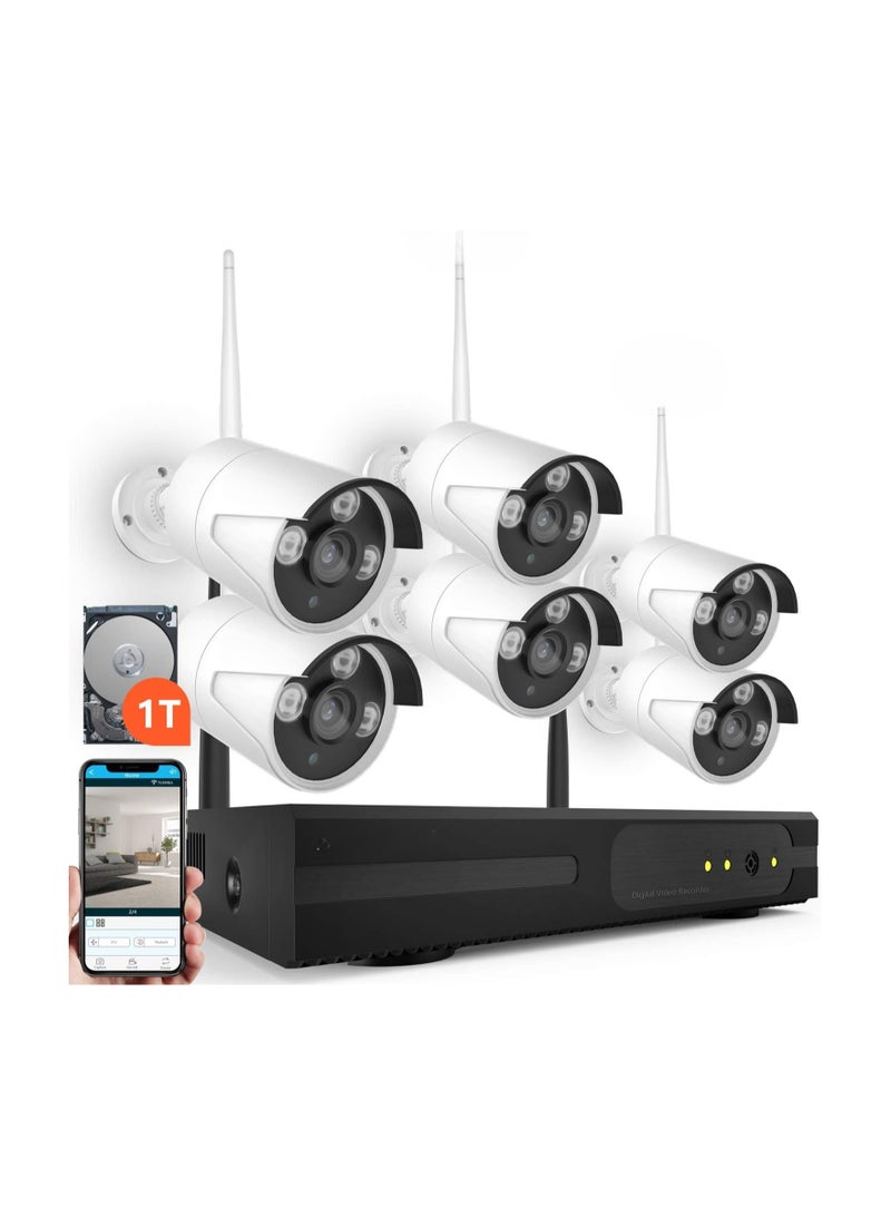 Wireless Home Protection Set – 8-Channel Receiver with 6× 960P Weather-Resistant Units, 1080P Output, 1TB Storage, App Support