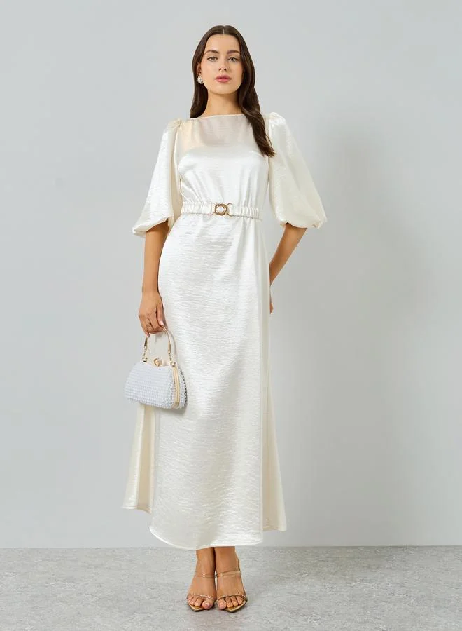 Take Two Beige Boat Neck Belted Balloon Sleeve Maxi Dress