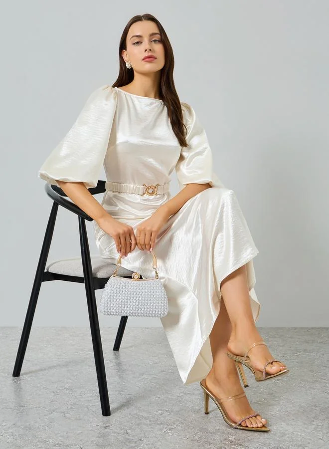 Take Two Beige Boat Neck Belted Balloon Sleeve Maxi Dress