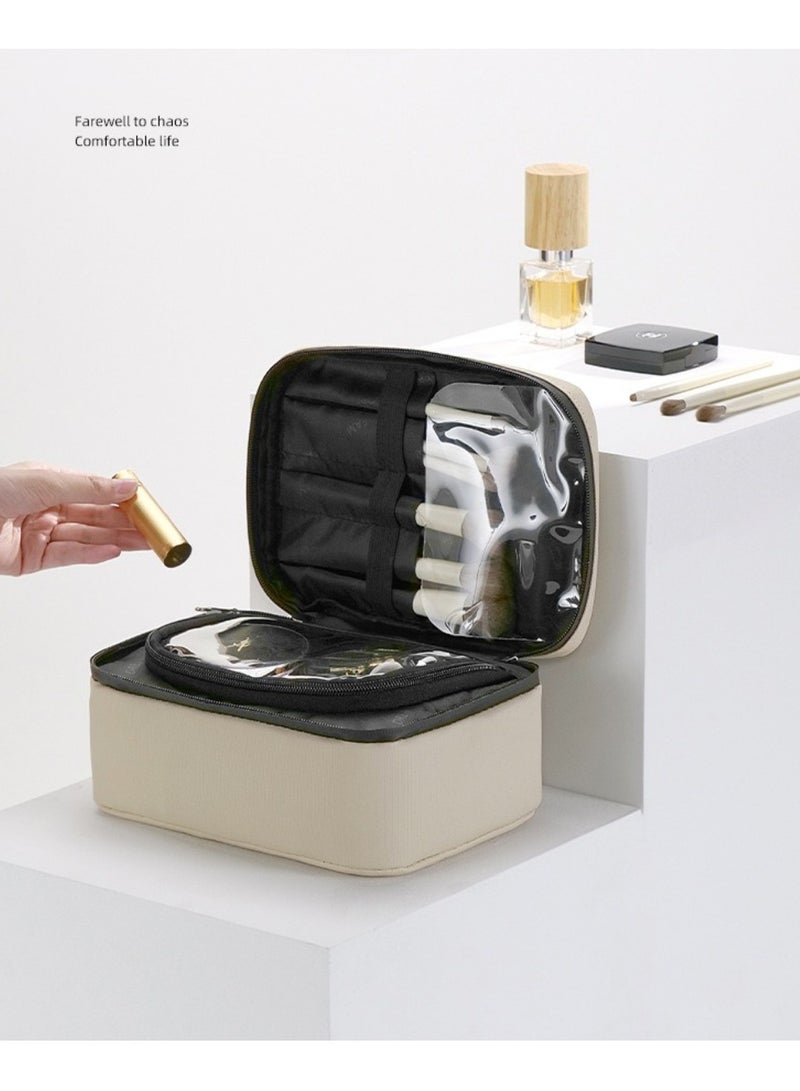 حقيبة مستحضرات تجميل سوداء للسفر، حقيبة مكياج كبيرة السعة، حقيبة مستحضرات تجميل محمولة مقاومة للماء، حقيبة تخزين مستحضرات التجميل، حقيبة أدوات الزينة مع مقبض وحجرات للسفر التجاري والاستخدام اليومي - Image 5
