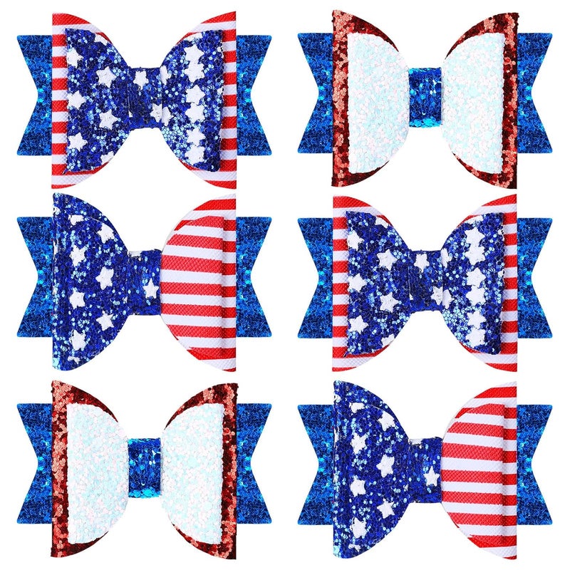 Whaline 4th of July Bow Hair Clips 6pcs Glitter American Flag Barrette Hair Bow Patriotic Stars and Stripes Hairgrips Baby Girls Women Hair Accessories for Independence Day Memorial Day