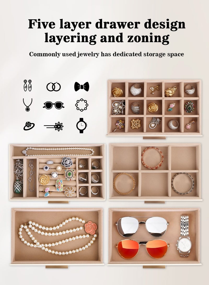 هومار كيت منظم صندوق مجوهرات للنساء، 4 طبقات لتخزين المجوهرات الكبيرة مع غطاء زجاجي و3 أدراج لتخزين القلائد والأساور والأقراط والخواتم، منظم حامل المجوهرات للفتيات هدية بيضاء - Image 2