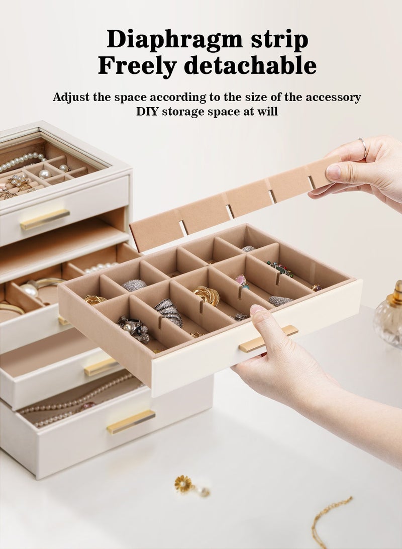 هومار كيت منظم صندوق مجوهرات للنساء، 4 طبقات لتخزين المجوهرات الكبيرة مع غطاء زجاجي و3 أدراج لتخزين القلائد والأساور والأقراط والخواتم، منظم حامل المجوهرات للفتيات هدية بيضاء - Image 3