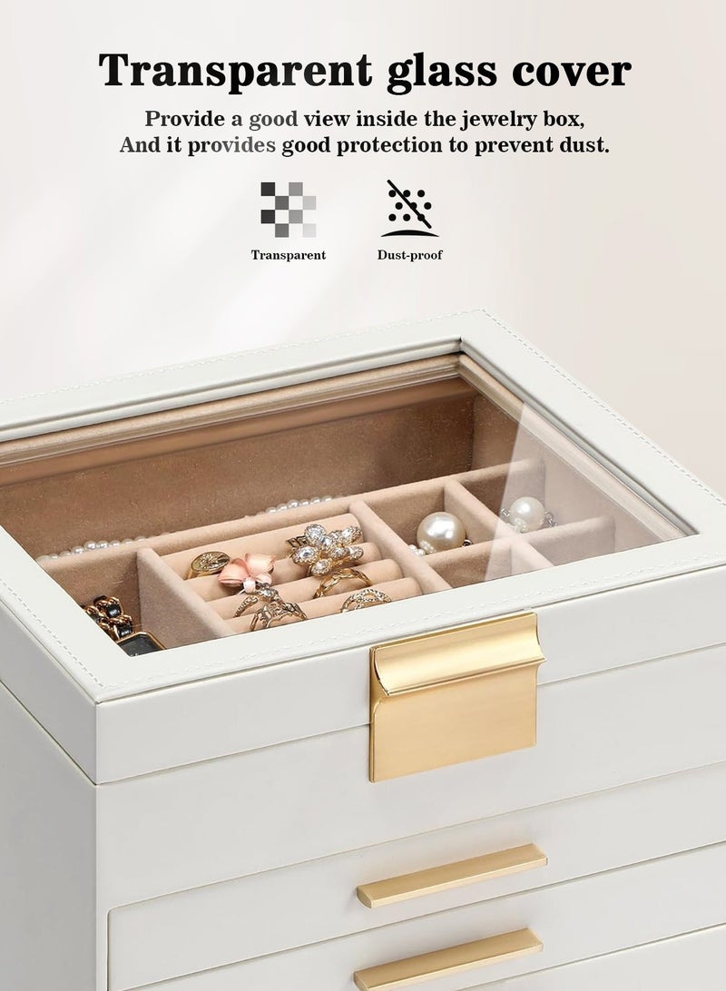 هومار كيت منظم صندوق مجوهرات للنساء، 4 طبقات لتخزين المجوهرات الكبيرة مع غطاء زجاجي و3 أدراج لتخزين القلائد والأساور والأقراط والخواتم، منظم حامل المجوهرات للفتيات هدية بيضاء - Image 4