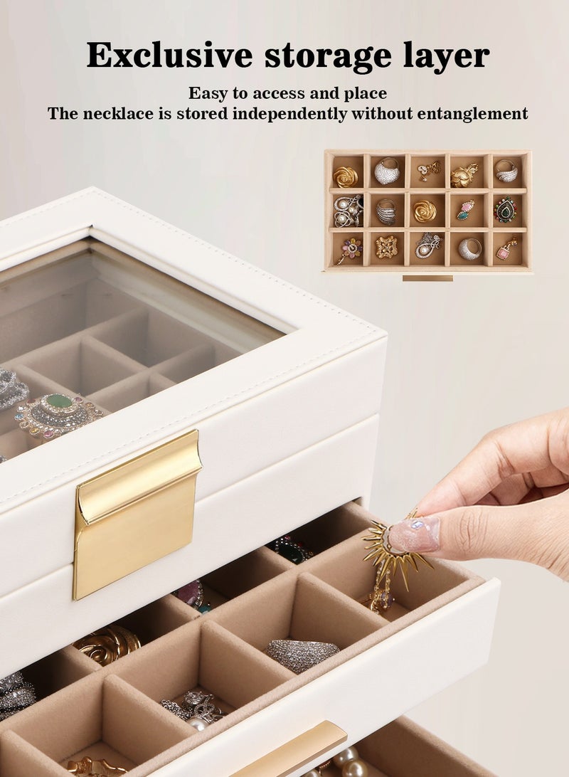 هومار كيت منظم صندوق مجوهرات للنساء، 4 طبقات لتخزين المجوهرات الكبيرة مع غطاء زجاجي و3 أدراج لتخزين القلائد والأساور والأقراط والخواتم، منظم حامل المجوهرات للفتيات هدية بيضاء - Image 5