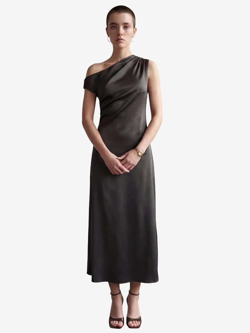 MY FASHION Dark Grey MY FASHION Asymmetrical Off Shoulder Satin Maxi Dress for Women | Best Price UAE