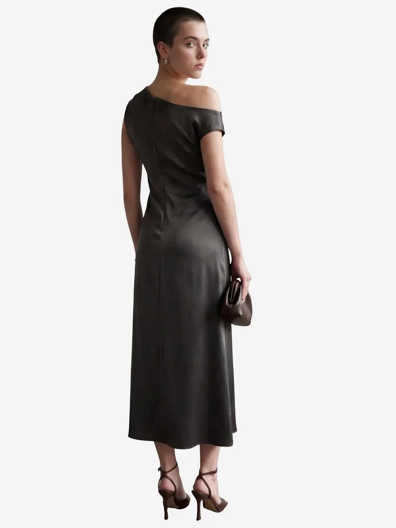 MY FASHION Dark Grey MY FASHION Asymmetrical Off Shoulder Satin Maxi Dress for Women | Best Price UAE
