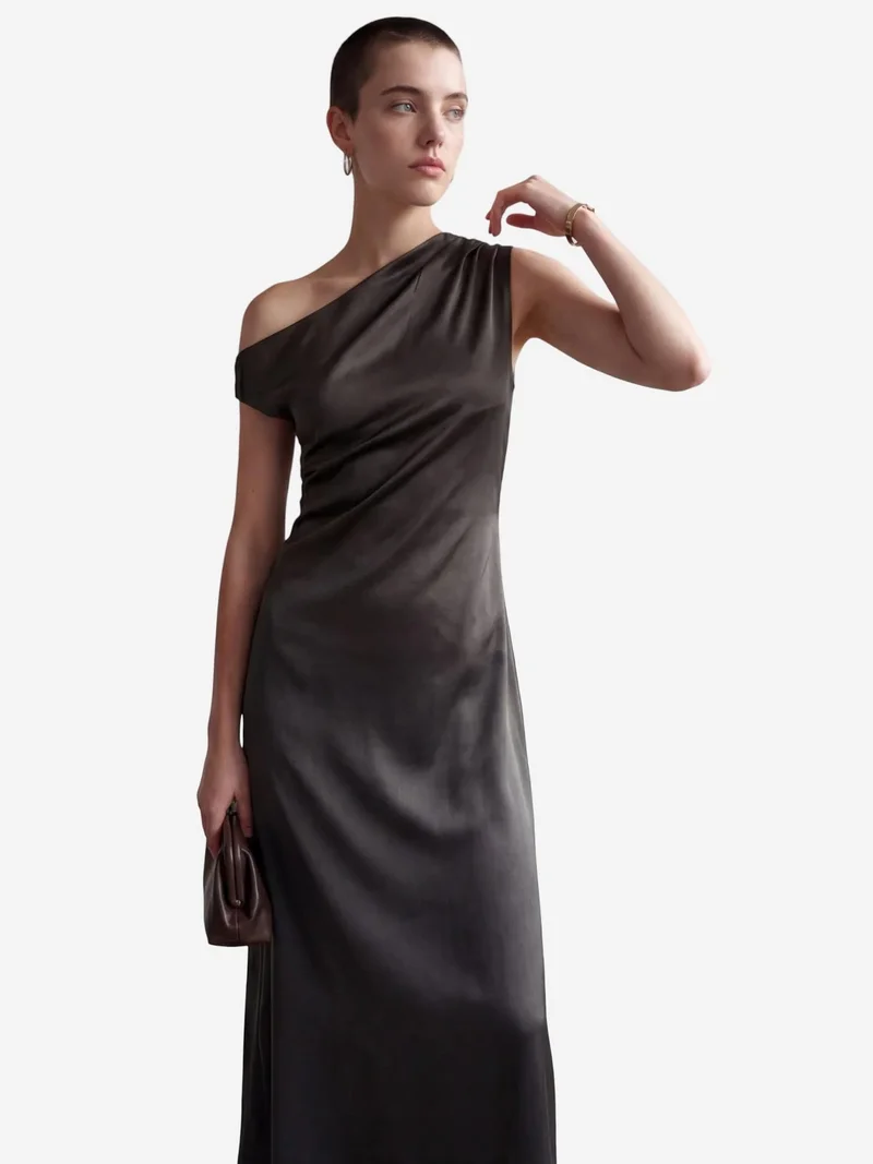 MY FASHION Dark Grey MY FASHION Asymmetrical Off Shoulder Satin Maxi Dress for Women | Best Price UAE
