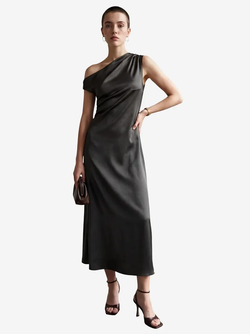 MY FASHION Asymmetrical Off Shoulder Satin Maxi Dress
