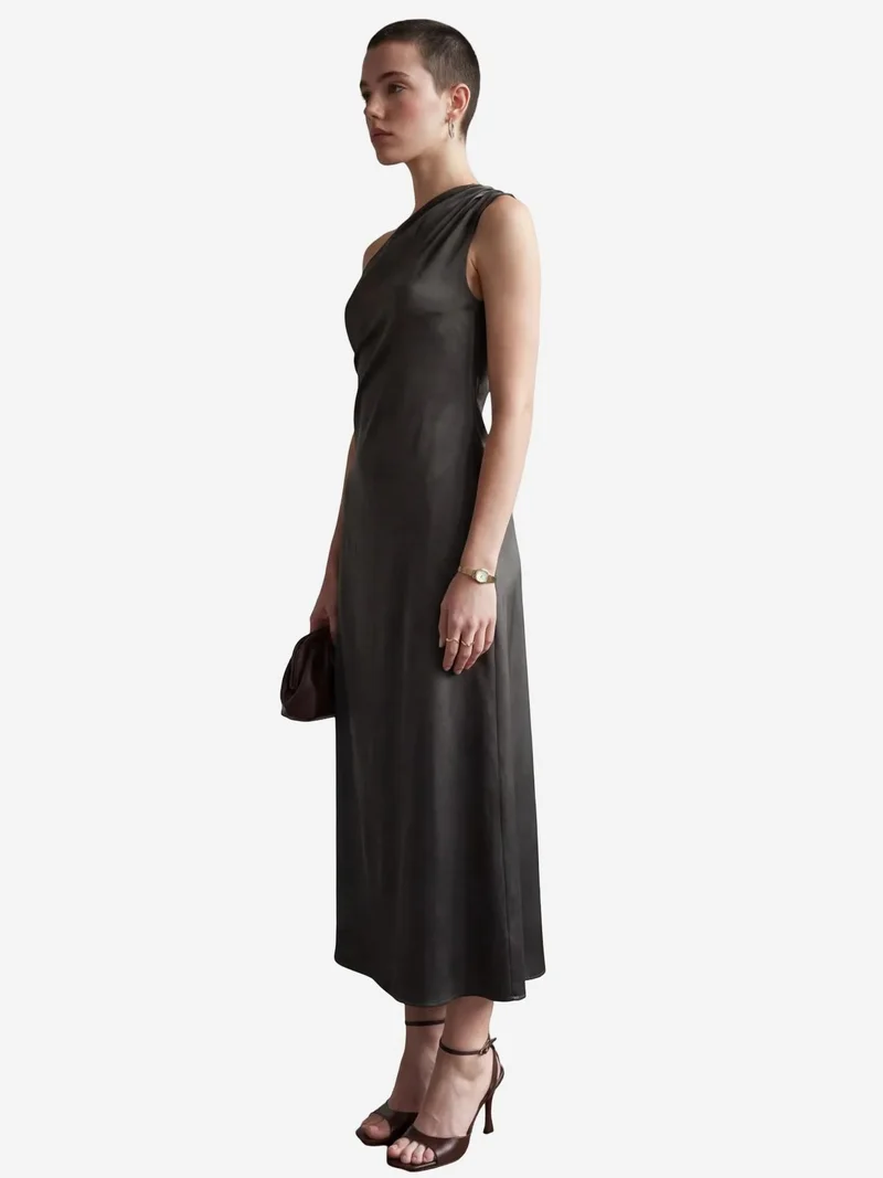 MY FASHION Dark Grey MY FASHION Asymmetrical Off Shoulder Satin Maxi Dress for Women | Best Price UAE