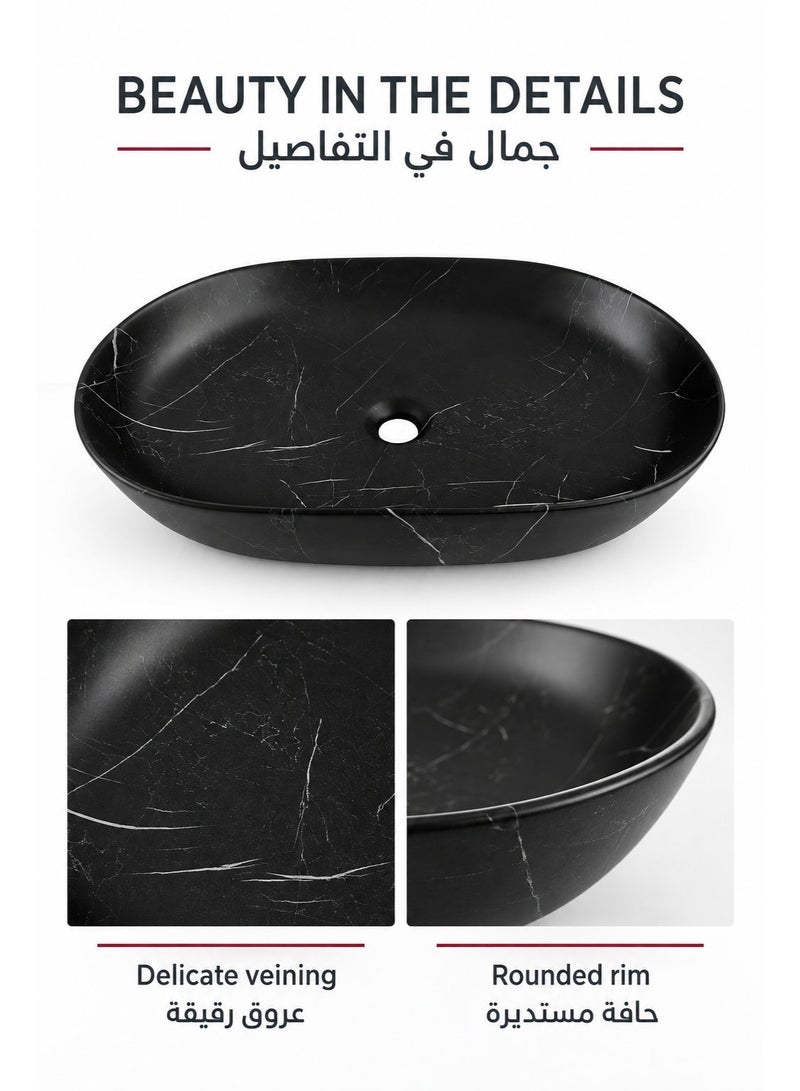 بيور حوض PURE رخامي دائري أسود | مغسلة سطحية فوق الرخامة | حجر طبيعي فاخر | تصميم أنيق سهل التنظيف للحمام - Image 2