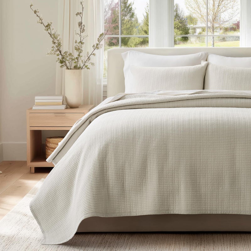 EverGrace 100% Cotton Quilt Queen Size, Pre-Washed Modern Grid Stitch Lightweight Bedspread Coverlet for All Season, Oversized 3-Piece Bedding Set with 2 Pillow Shams, Birch - Image 1