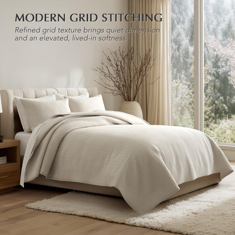 EverGrace 100% Cotton Quilt Queen Size, Pre-Washed Modern Grid Stitch Lightweight Bedspread Coverlet for All Season, Oversized 3-Piece Bedding Set with 2 Pillow Shams, Birch - Image 5