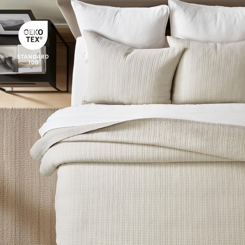 EverGrace 100% Cotton Quilt Queen Size, Pre-Washed Modern Grid Stitch Lightweight Bedspread Coverlet for All Season, Oversized 3-Piece Bedding Set with 2 Pillow Shams, Birch - Image 4