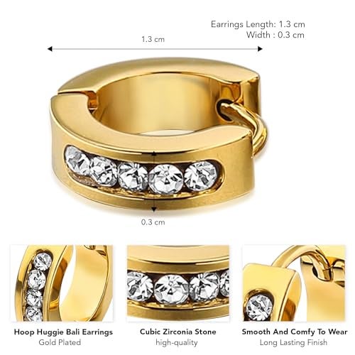 Peora Gold Plated Cubic Zirconia Studded Hoop Huggie Bali Earrings Fancy Stylish Jewellery for Men & Boys (1 Pc.) - Image 5