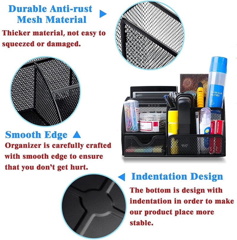 Merayo Desk Organizer Pen Stand For Study Table Stationery Organizer Metal Mesh Office Organizer Pen Holder - Black - Image 3