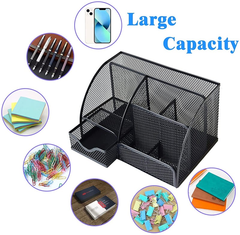 Merayo Desk Organizer Pen Stand For Study Table Stationery Organizer Metal Mesh Office Organizer Pen Holder - Black - Image 2