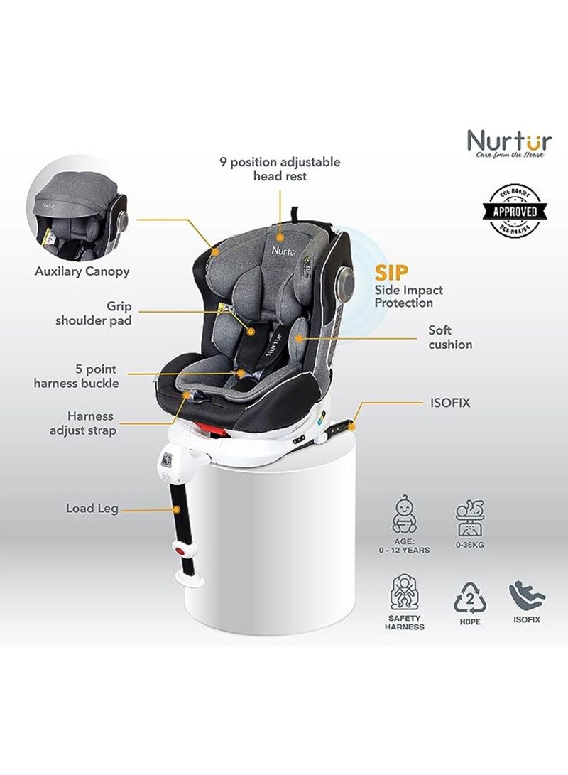 Nurtur Liberty Baby 4 in 1 Car Seat Leg Support ISOFIX 10-level Adjustable Backrest with Canopy Upto 36kg Grey - Image 2