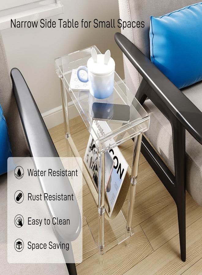 Eglaf Acrylic Narrow Side Table for Small Spaces - Slim End Table with Magazine Holder - Skinny Side Table Small Bedside Table Nightstand for Living Room Bedroom- 15.7” L x 7” W x 23.9” H, Clear - Image 5
