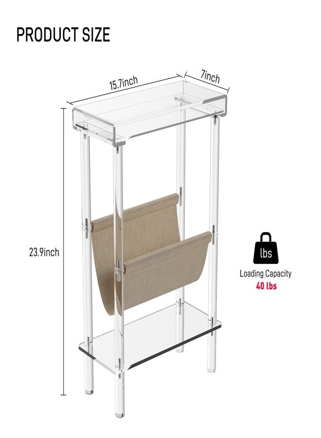 Eglaf Acrylic Narrow Side Table for Small Spaces - Slim End Table with Magazine Holder - Skinny Side Table Small Bedside Table Nightstand for Living Room Bedroom- 15.7” L x 7” W x 23.9” H, Clear - Image 3